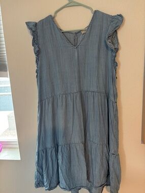 LOFT Light Blue Chambray Mini Dress with Ruffle Sleeves